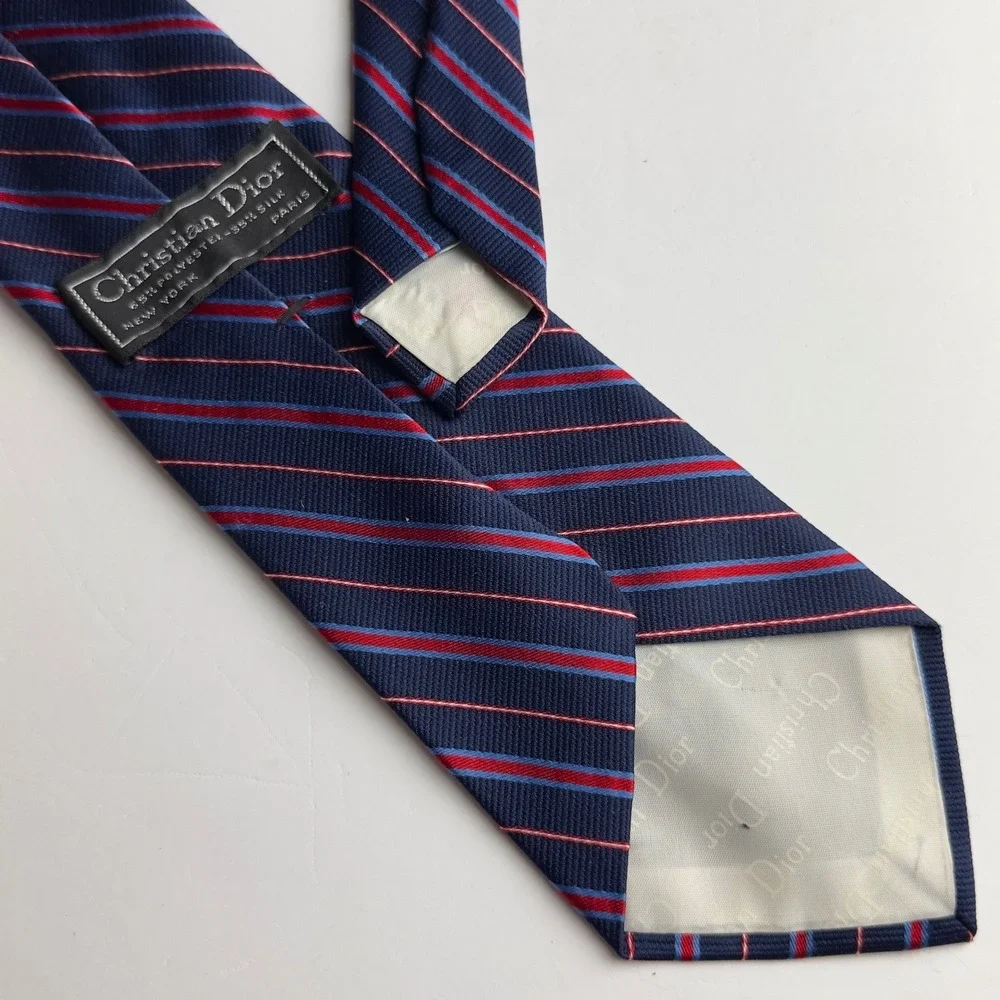 Christian Dior Mens Silk Blend Striped Necktie Navy Blue Red CD Logo Preppy